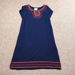 Modcloth Embroidered Shift Dress Medium Navy Blue Boho Peasant Casual